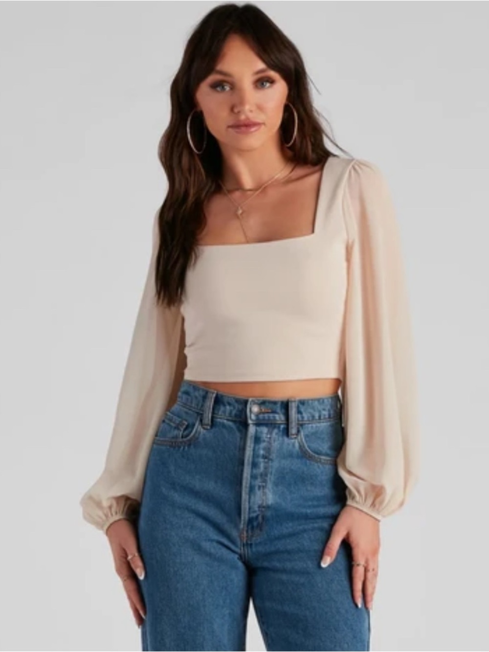 Chic Chiffon Crop Top Cream/Nude Square Neck Blouse With Long Sleeves
